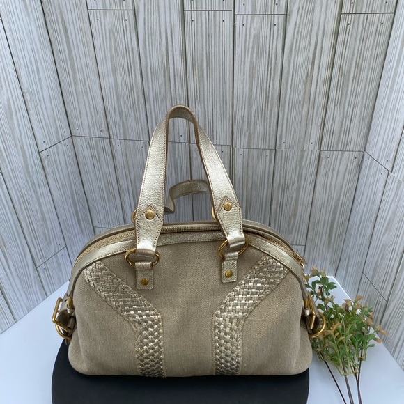 Yves Saint Laurent Muse Tan Canvas Leather Satchel Handbag Gold Tone Hardware - Picture 2 of 12